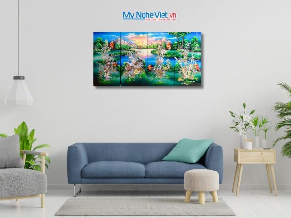 Bộ Tranh Sơn Mài Mai Lan Cúc Trúc Cẩn Nổi Nền Xanh