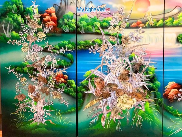 Bộ Tranh Sơn Mài Mai Lan Cúc Trúc Cẩn Nổi Nền Xanh
