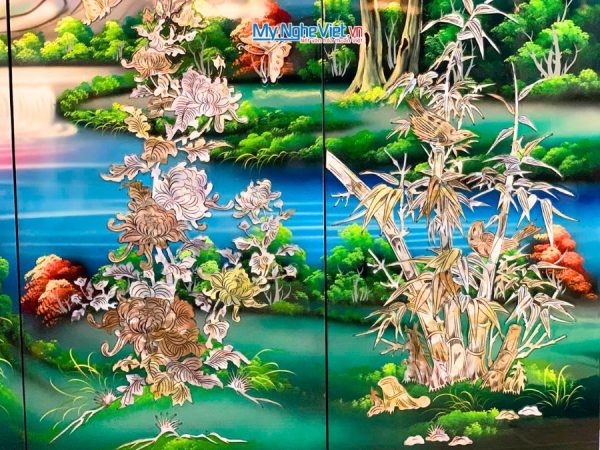 Bộ Tranh Sơn Mài Mai Lan Cúc Trúc Cẩn Nổi Nền Xanh