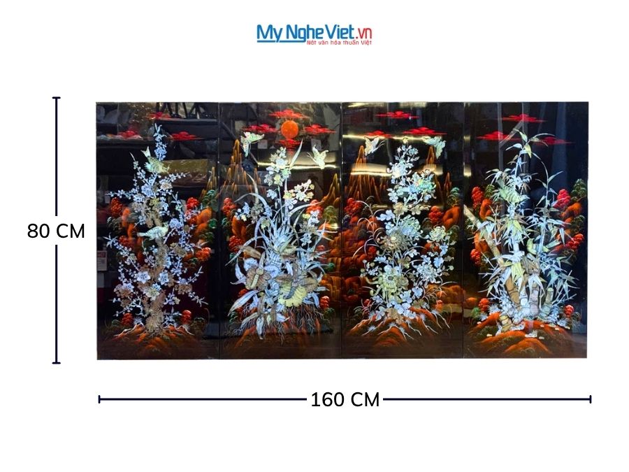 Bộ Tranh Sơn Mài Mai Lan Cúc Trúc Cẩn Chìm Nền Ấm