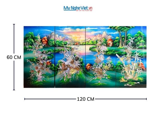 Bộ Tranh Sơn Mài Mai Lan Cúc Trúc Cẩn Nổi Nền Xanh