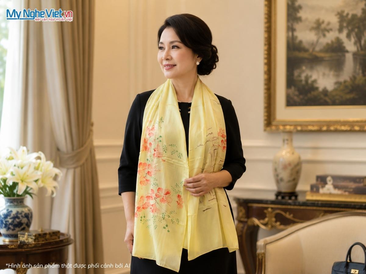 Khăn choàng cổ lụa tơ tằm vẽ tay chợ Bến Thành