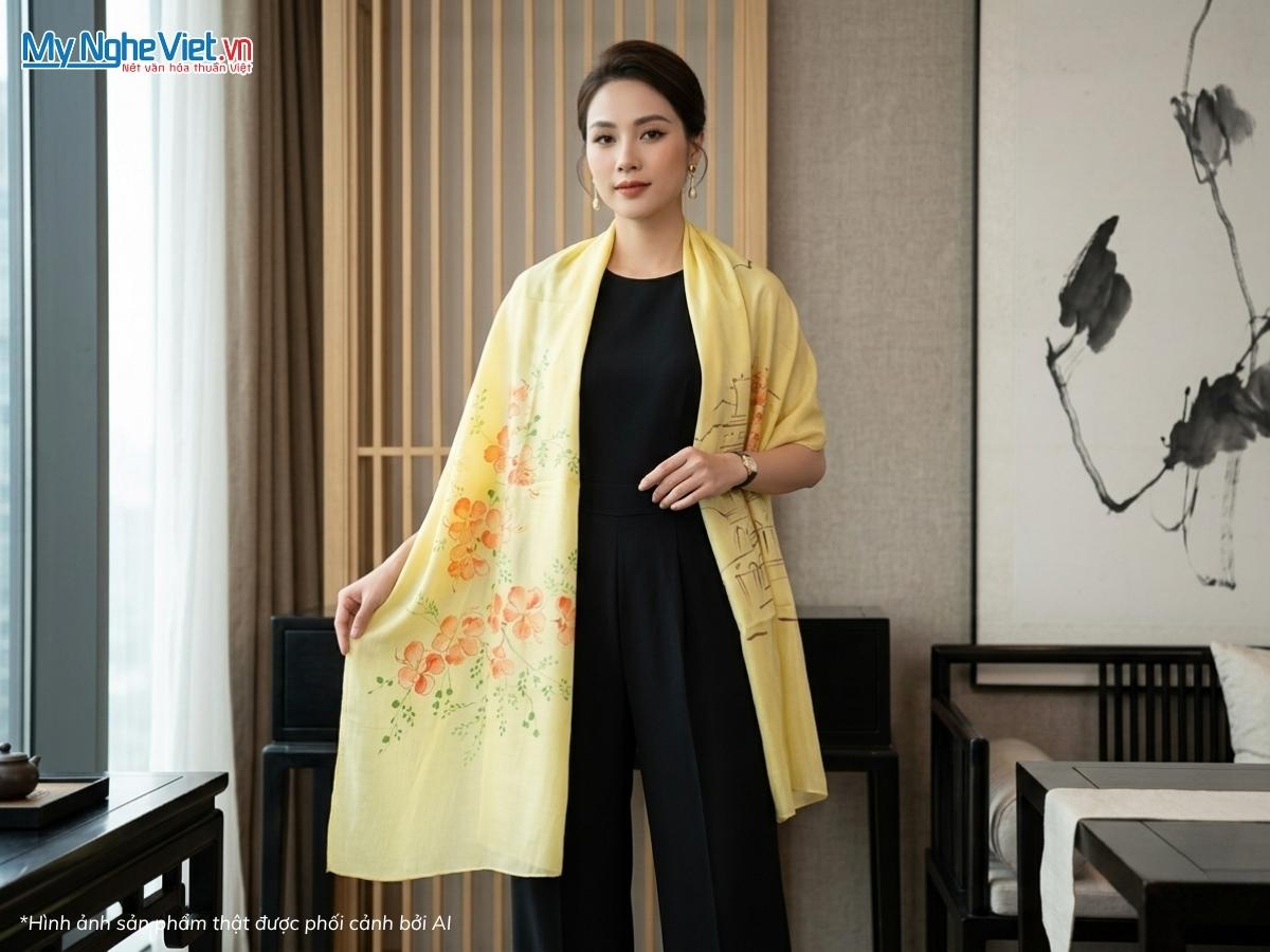 Khăn choàng cổ lụa tơ tằm vẽ tay chợ Bến Thành