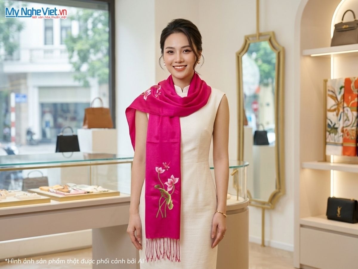 Khăn lụa tơ tằm thêu hoa sen