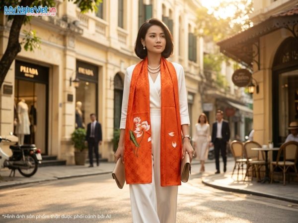Khăn choàng cổ lụa tơ tằm thêu hoa