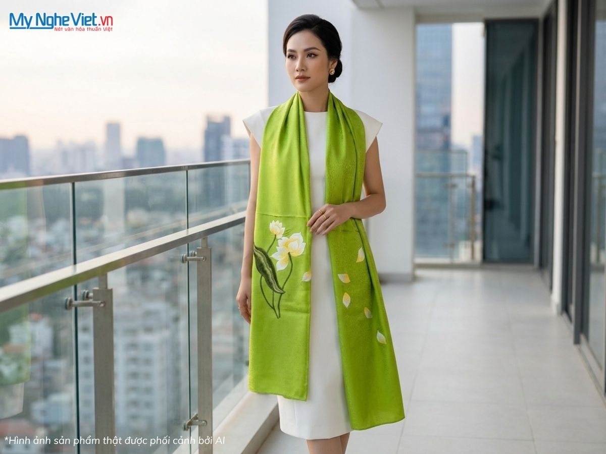 Khăn choàng cổ lụa tơ tằm thêu hoa