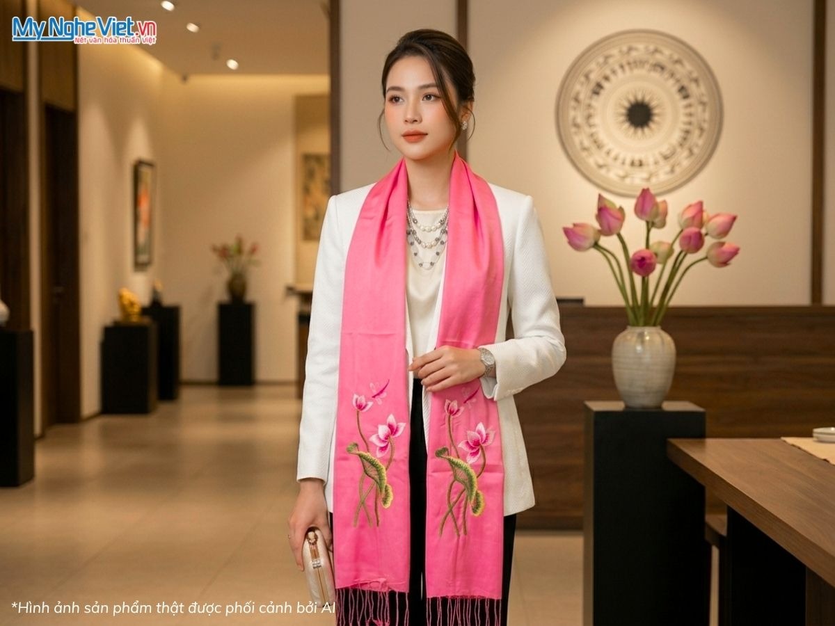 Khăn lụa tơ tằm thêu hoa sen
