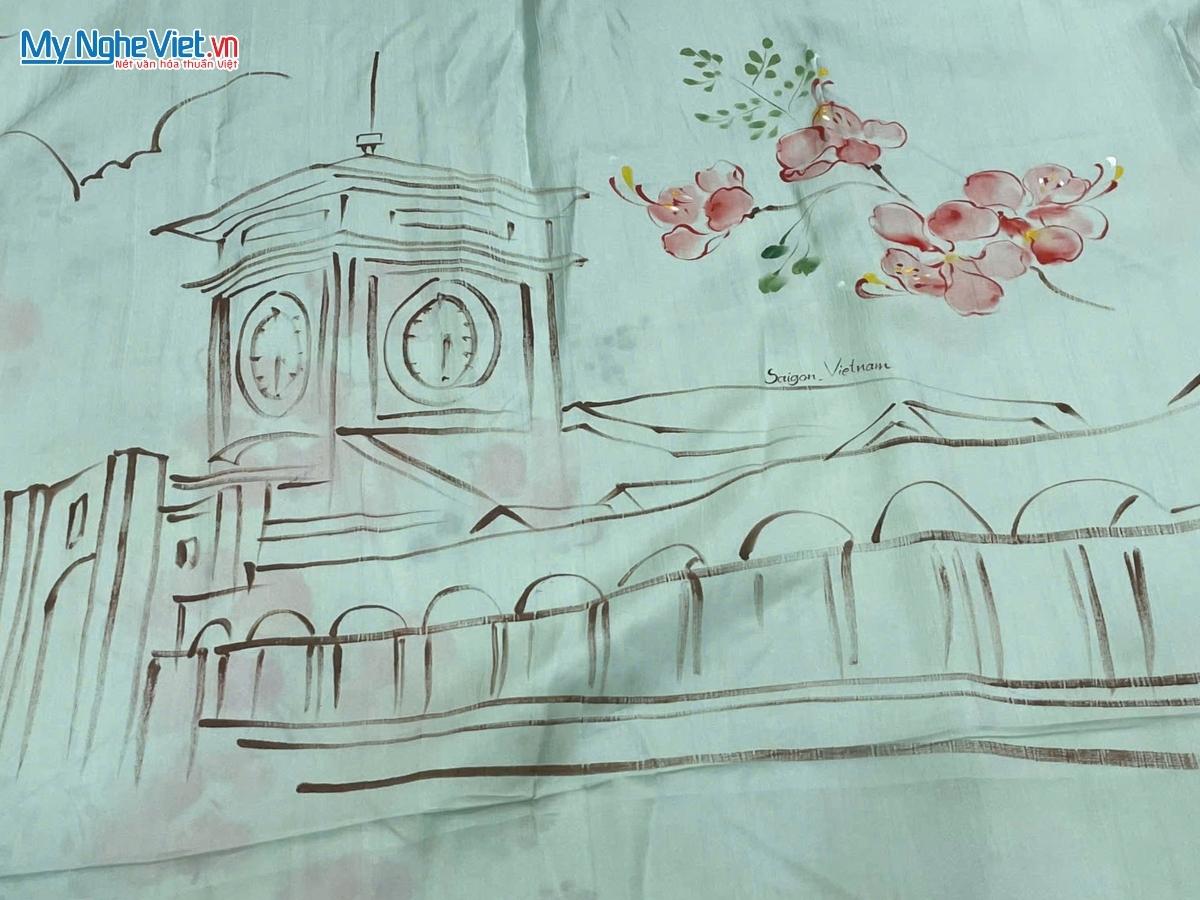 Khăn Lụa Tơ Tằm Vẽ Tay Chợ Bến Thành Màu Xanh Lá 85x175cm PT70180T3-1 - Ảnh 2
