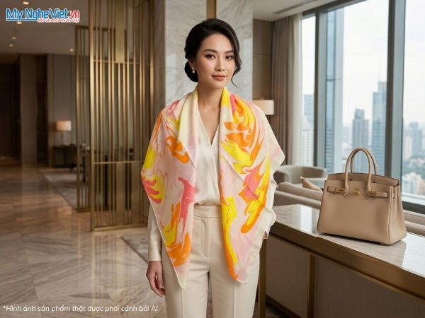 Khăn vuông lụa tơ tằm vẽ thủy ấn