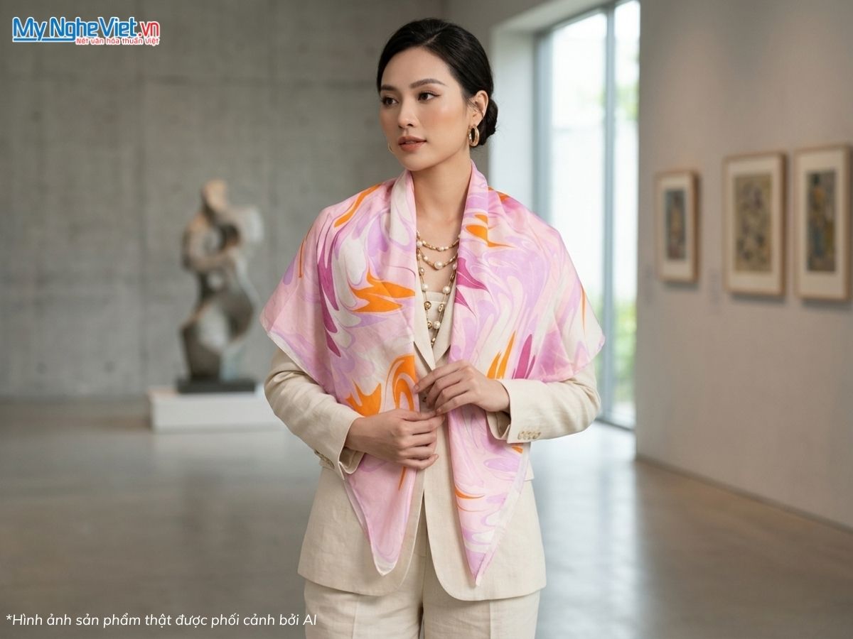 Khăn vuông lụa tơ tằm vẽ thủy ấn