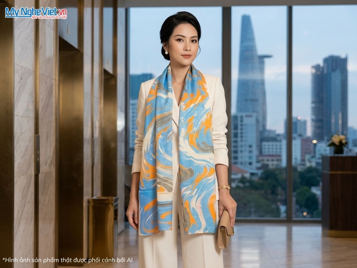 Khăn lụa tơ tằm vẽ thủy ấn
