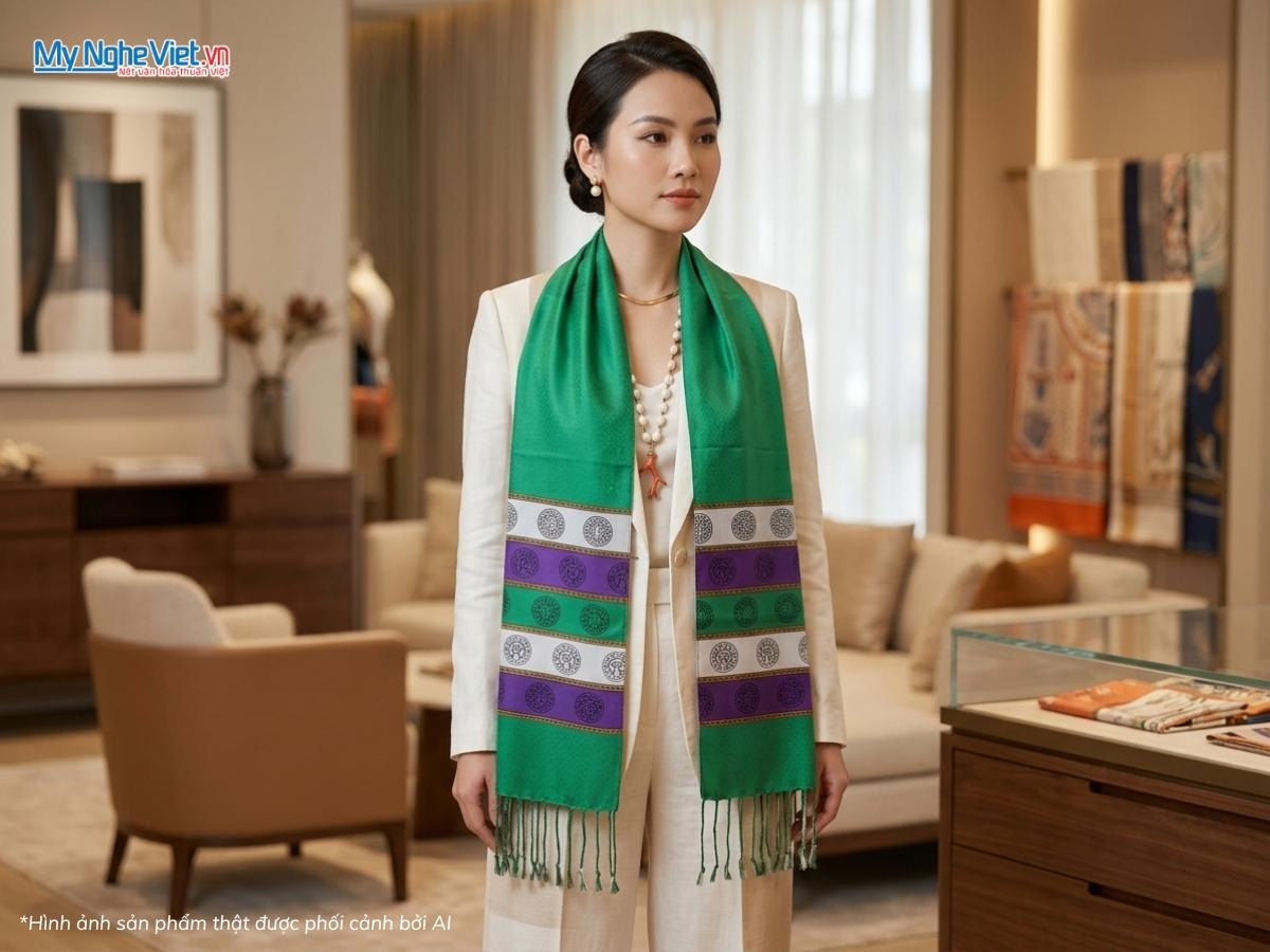 Khăn choàng cổ lụa trống đồng văn miếu quốc tử giám