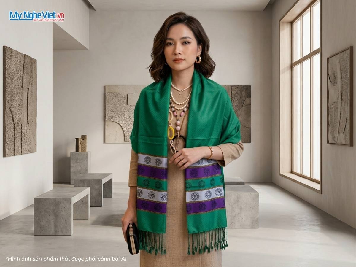 Khăn choàng cổ lụa trống đồng văn miếu quốc tử giám