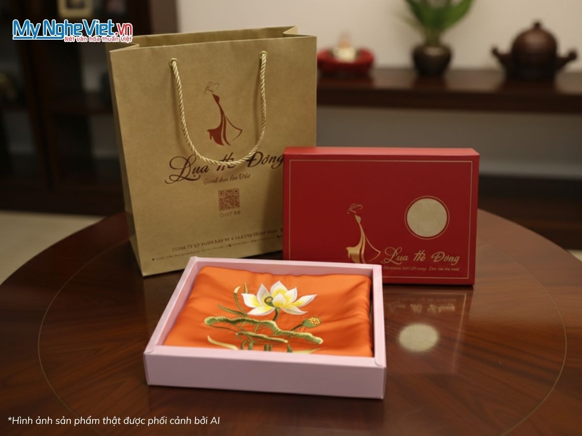 Khăn vuông lụa tơ tằm thêu hoa sen