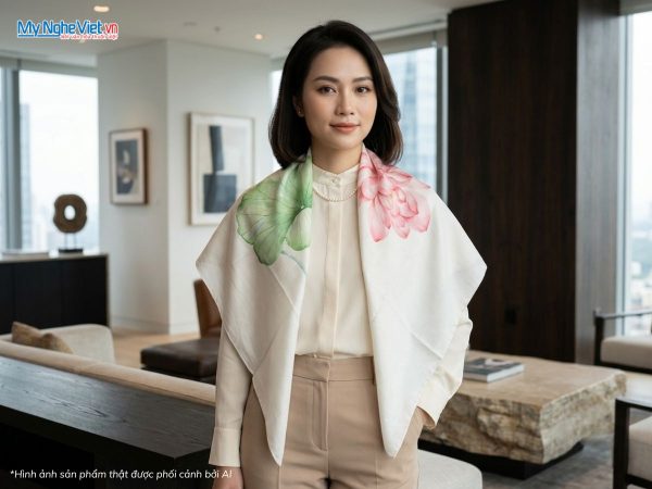 Khăn lụa vuông tơ tằm vẽ tay hoa sen