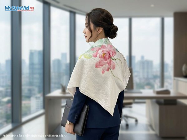 Khăn lụa vuông tơ tằm vẽ tay hoa sen