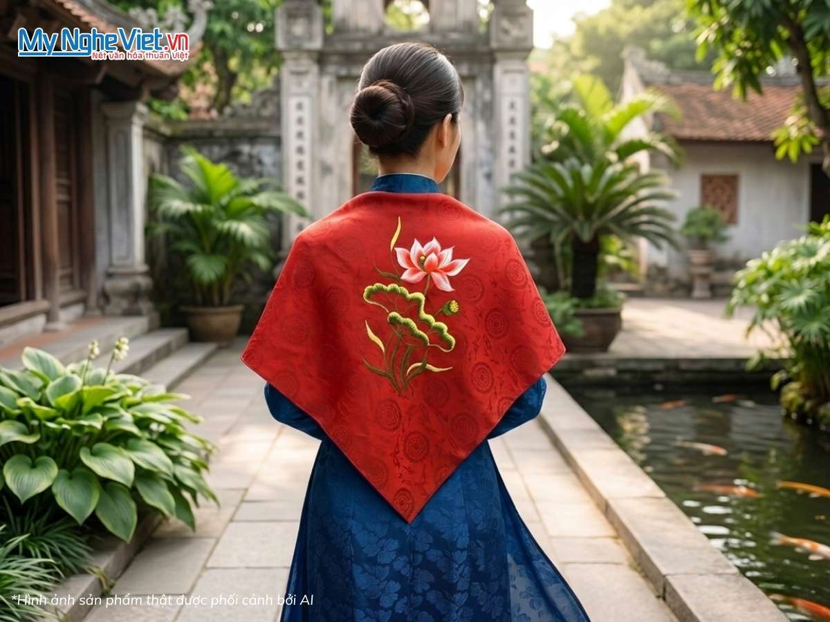 Khăn vuông lụa tơ tằm thêu hoa sen