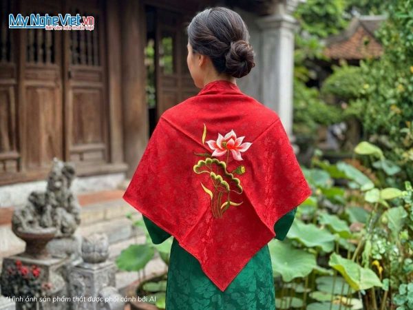 Khăn vuông lụa tơ tằm thêu hoa sen