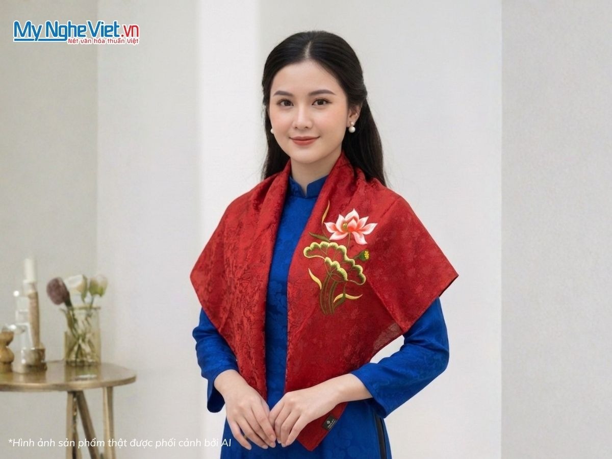 Khăn vuông lụa tơ tằm thêu hoa sen