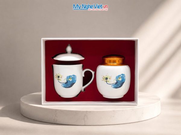 Hũ Trà Và Ly Sứ Gốm Hoa Sen