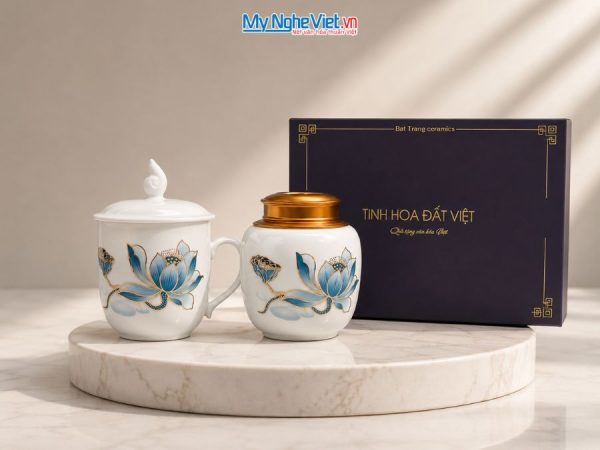 Hũ Trà Và Ly Sứ Gốm Hoa Sen