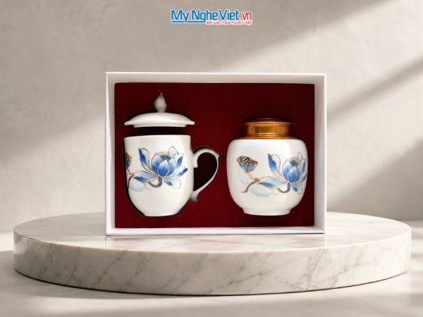 Hũ Trà Và Ly Sứ Gốm Hoa Sen
