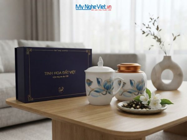 Hũ Trà Và Ly Sứ Gốm Hoa Sen