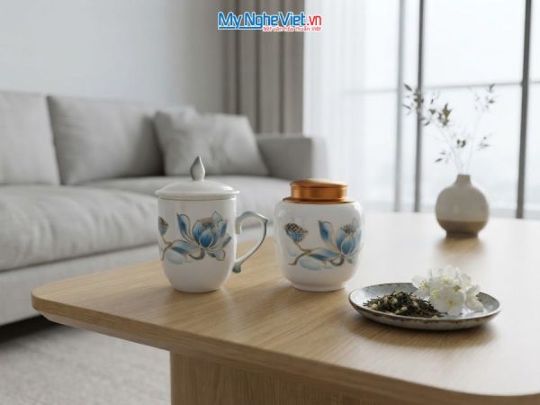 Set Quà Tặng Đối Tác/Khách Hàng - Hũ Trà Và Ly Sứ Gốm Hoa Sen