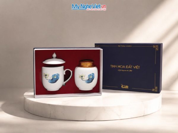 Set Quà Tặng Đối Tác/Khách Hàng - Hũ Trà Và Ly Sứ Gốm Hoa Sen