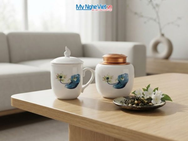 Hũ Trà Và Ly Sứ Gốm Hoa Sen