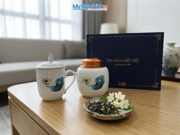 Hũ Trà Và Ly Sứ Gốm Hoa Sen
