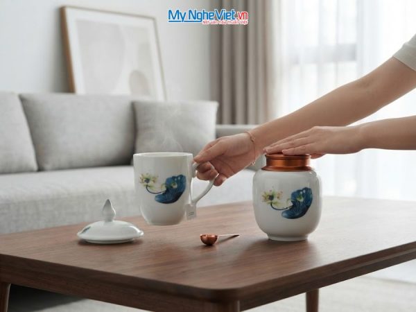 Hũ Trà Và Ly Sứ Gốm Hoa Sen