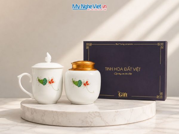 Hũ Trà Và Ly Sứ Gốm Hoa Sen
