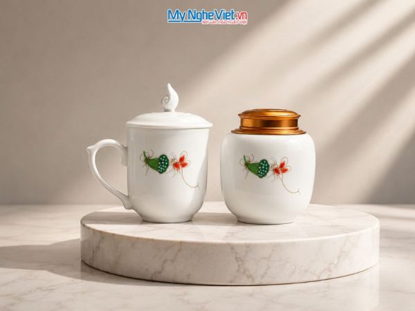 Hũ Trà Và Ly Sứ Gốm Hoa Sen