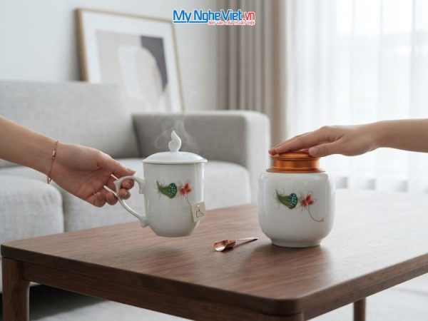 Hũ Trà Và Ly Sứ Gốm Hoa Sen