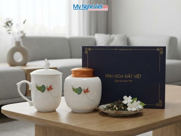 Hũ Trà Và Ly Sứ Gốm Hoa Sen