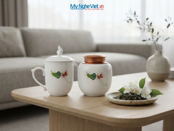 Hũ Trà Và Ly Sứ Gốm Hoa Sen