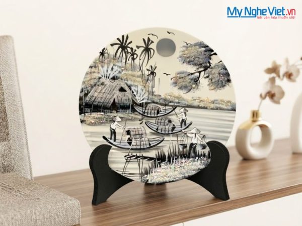 Tranh Đĩa Sơn Mài Đồng Quê Trắng Đen