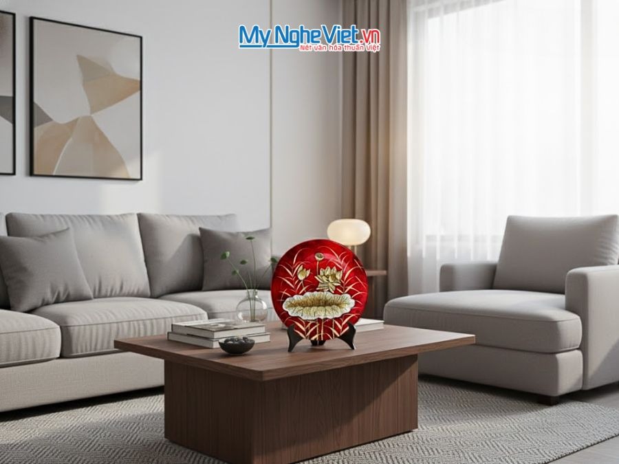 Tranh Đĩa Sơn Mài Hoa Sen Đắp Nổi Nền Đỏ