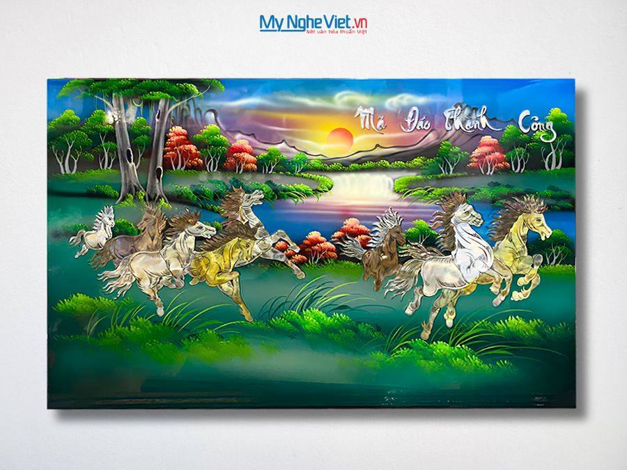 Tranh Mã Đáo Thành Công Cẩn Ốc Nền Xanh