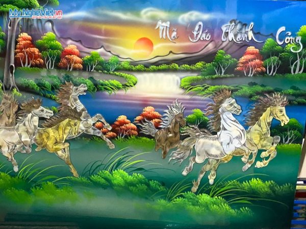 Tranh Mã Đáo Thành Công Cẩn Ốc Nền Xanh