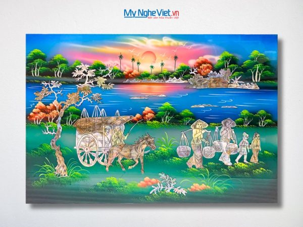 Tranh Sơn Mài Đồng Quê Cẩn Ốc Nền Xanh