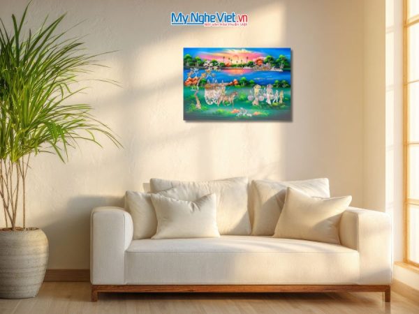 Tranh Sơn Mài Đồng Quê Cẩn Ốc Nền Xanh