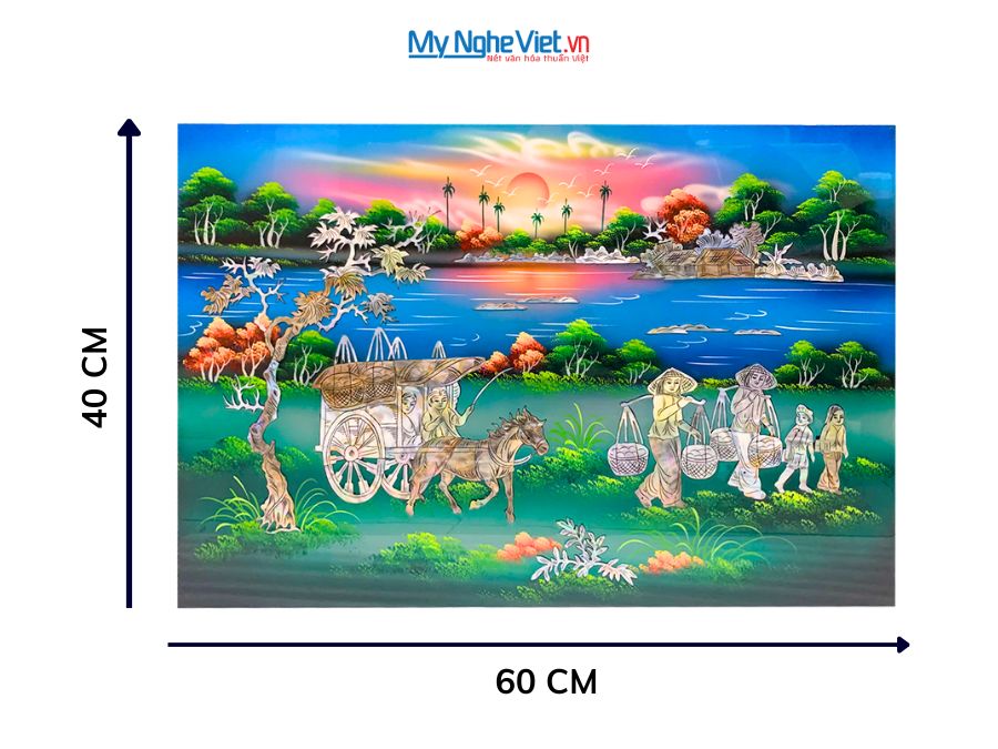 Tranh Sơn Mài Đồng Quê Cẩn Ốc Nền Xanh