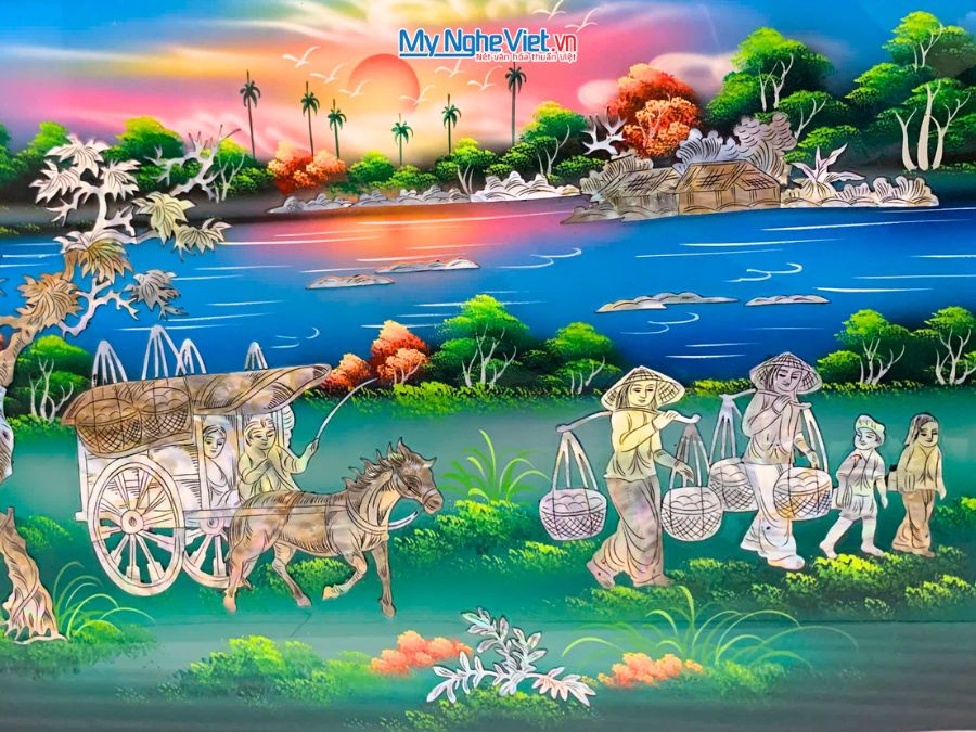 Tranh Sơn Mài Đồng Quê Cẩn Ốc Nền Xanh