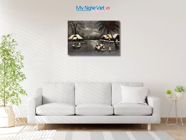 Tranh Sơn Mài Đồng Quê Đen Trắng Cẩn Trứng