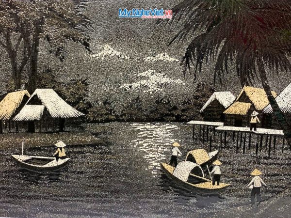 Tranh Sơn Mài Đồng Quê Đen Trắng Cẩn Trứng