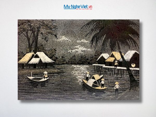 Tranh Sơn Mài Đồng Quê Đen Trắng Cẩn Trứng