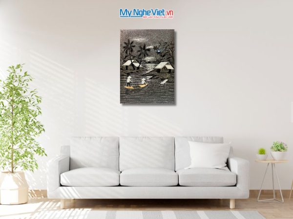 Tranh Sơn Mài Đồng Quê Đen Trắng Cẩn Trứng