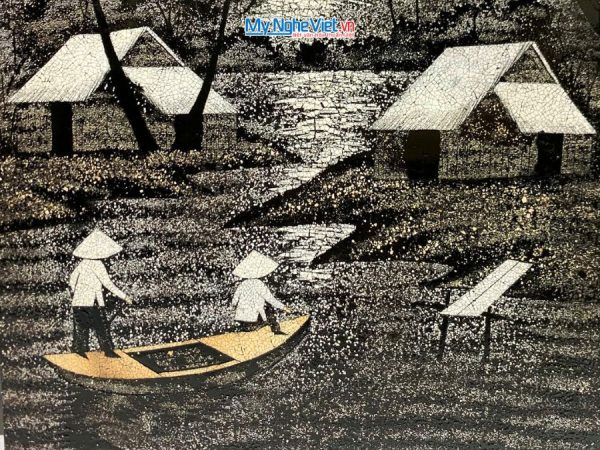 Tranh Sơn Mài Đồng Quê Đen Trắng Cẩn Trứng
